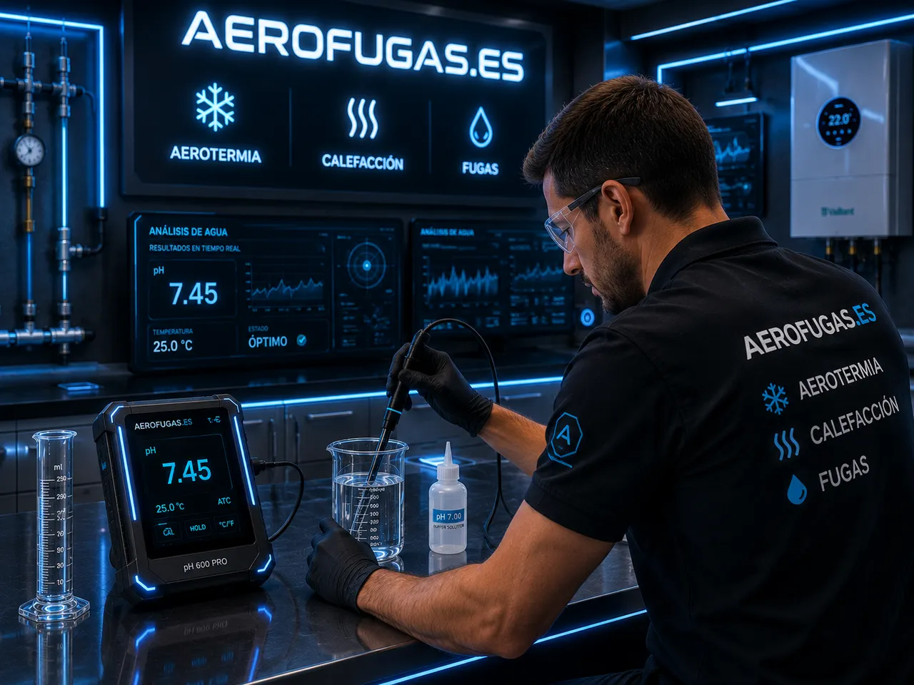 Técnico de Aerofugas analizando el pH del agua del circuito de calefacción en laboratorio